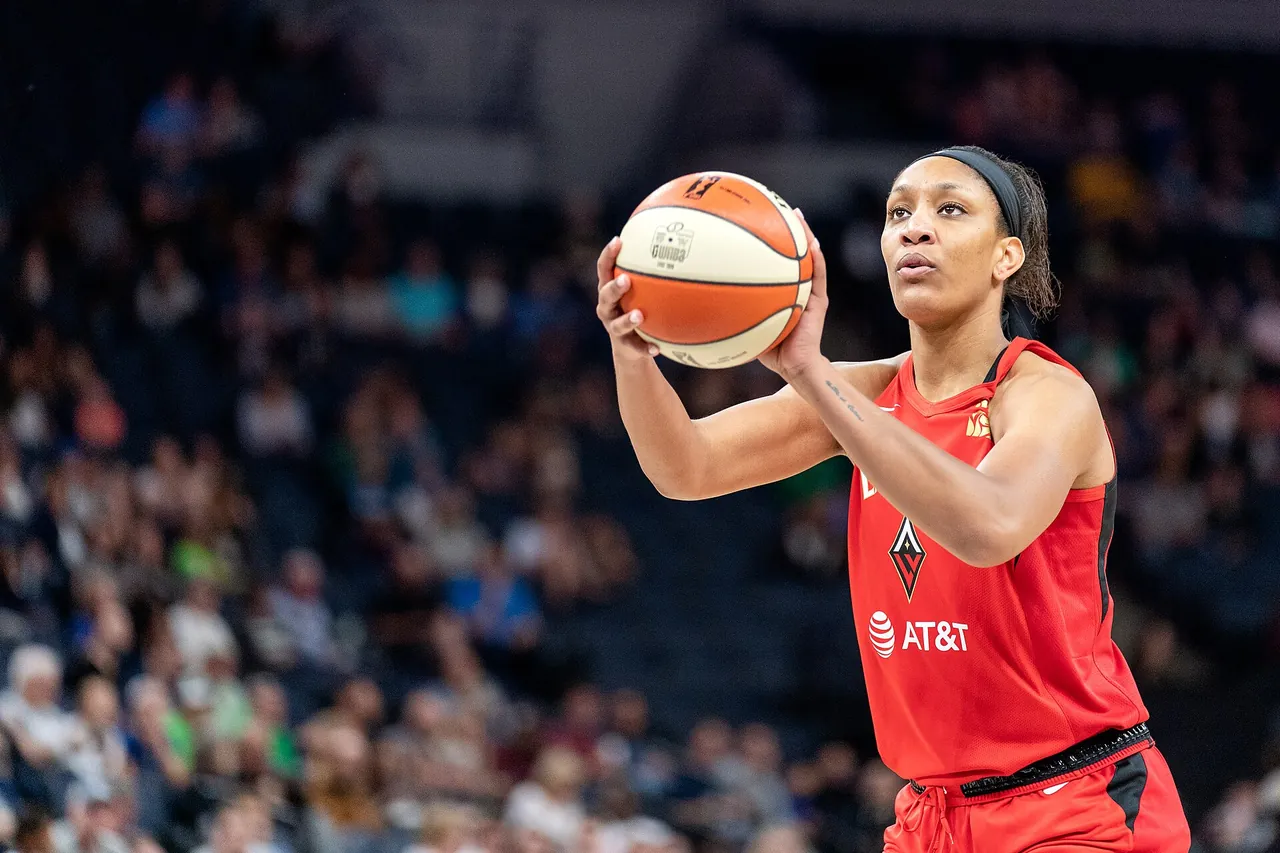 A'ja Wilson of the Las Vegas Aces lines up a free throw at Target Center in 2019