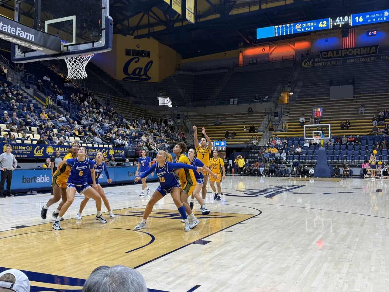 A women’s game between California and San Jose State at Haas Pavilion, with players boxing out as a shot goes up
