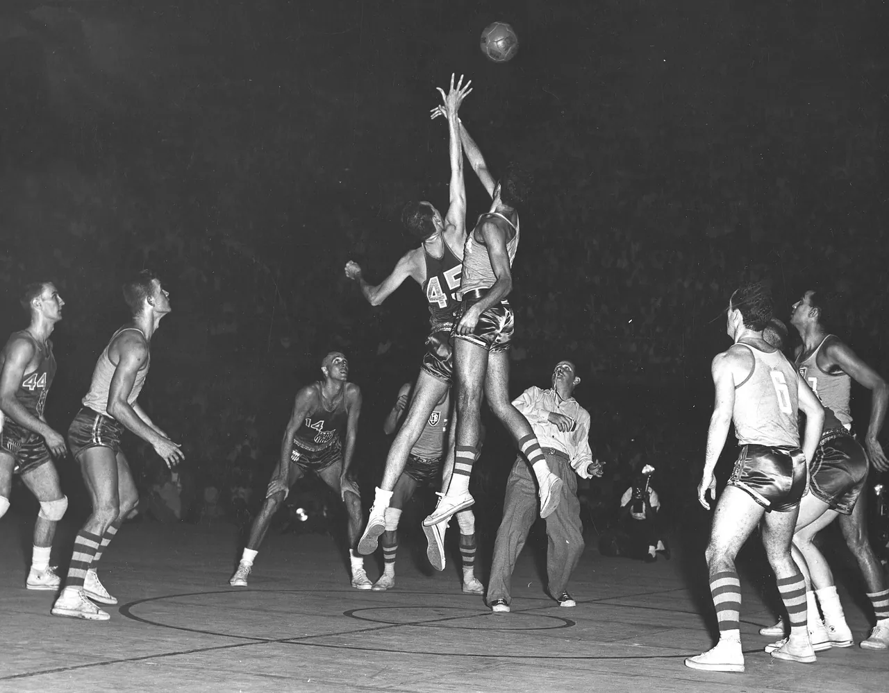 The United States plays Brazil in the title game of the 1954 World Basketball Championship in Rio de Janeiro
