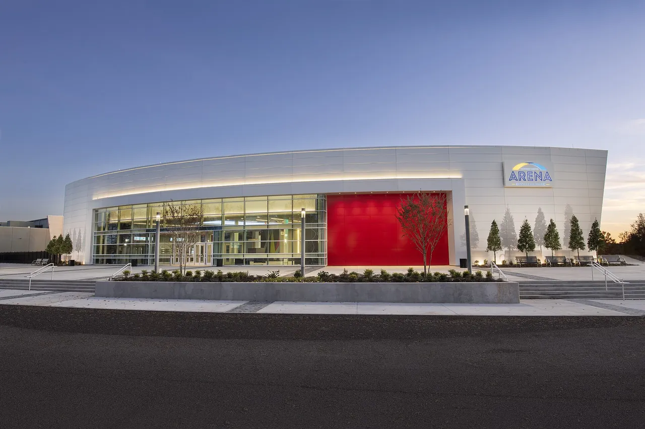 The exterior of Gateway Center Arena in College Park, Georgia, at dusk