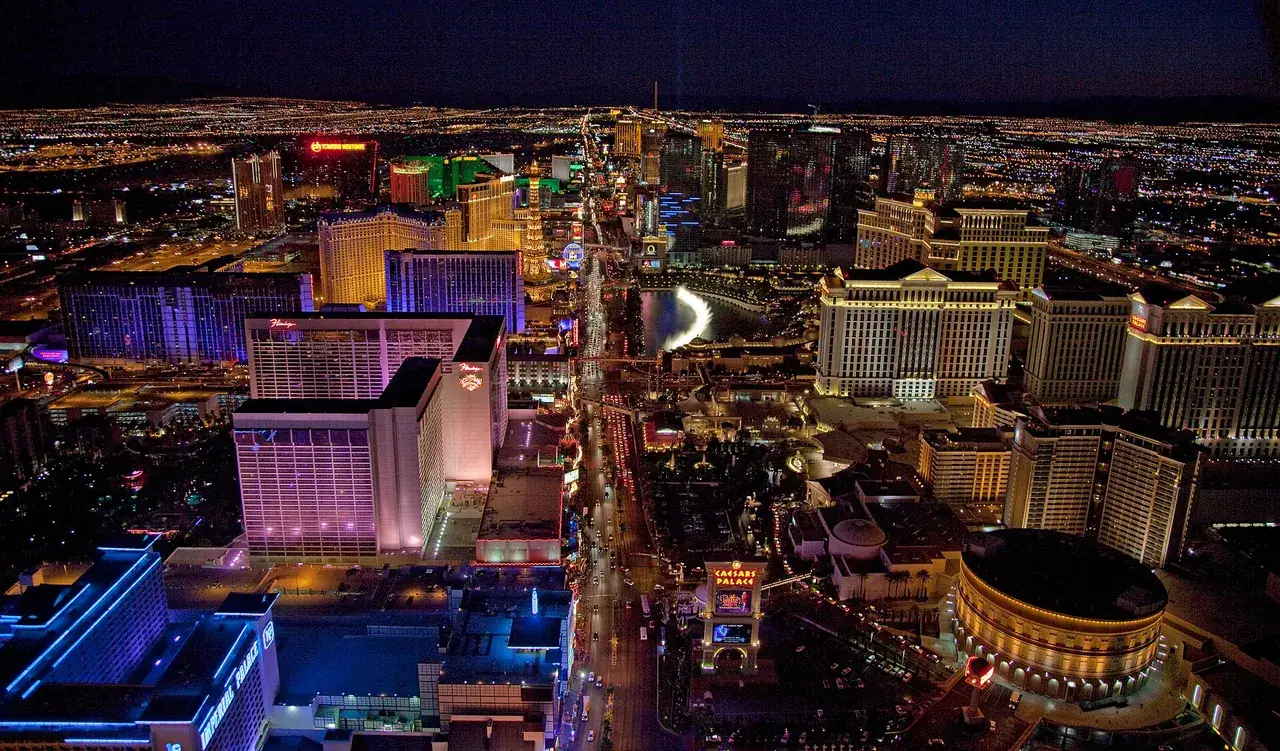 The Las Vegas Strip lit up at night, seen from above