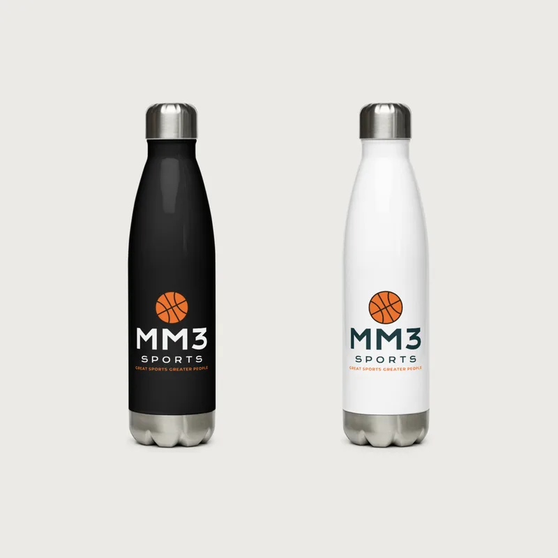 MM3 Water Bottle in black, white, with the MM3 mark