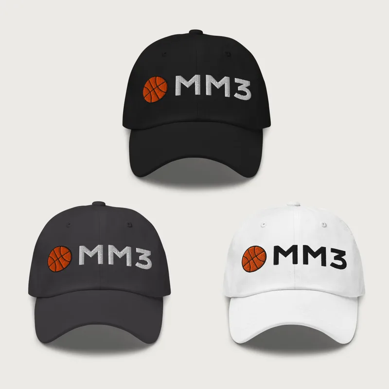 MM3 Dad Hat in black, gray, white, with the MM3 mark
