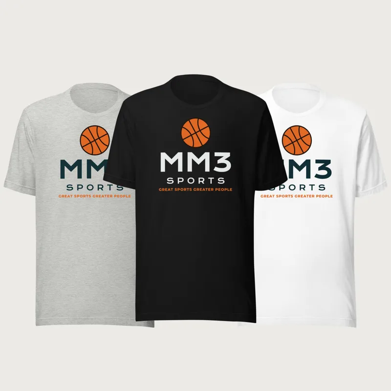 MM3 Sports Tee in black, gray, white, with the MM3 mark